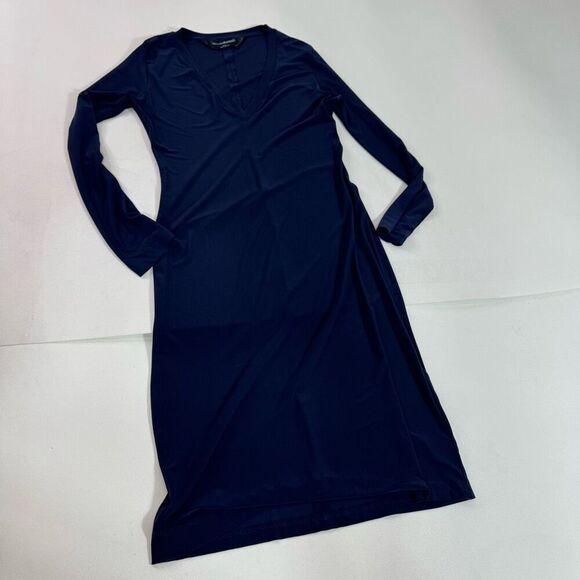 Norma Kamali Midi Dress Womens Medium Blue Long Sleeve Deep V Neck Stretch - Picture 1 of 9